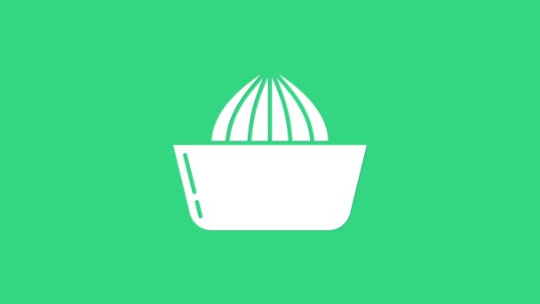 Ícone branco do espremedor de frutas cítricas isolado no fundo verde. Animação gráfica em movimento de vídeo 4K — Vídeo de Stock