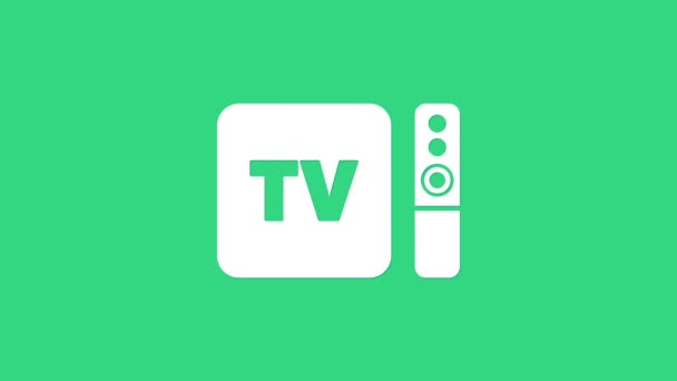 Biały odbiornik multimedialny i odbiornik TV oraz odtwarzacz z ikoną zdalnego sterowania na zielonym tle. 4K Animacja graficzna ruchu wideo — Wideo stockowe
