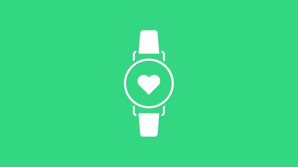 Orologio intelligente bianco che mostra l'icona della frequenza cardiaca isolata su sfondo verde. Concetto Fitness App. Animazione grafica 4K Video motion — Video Stock