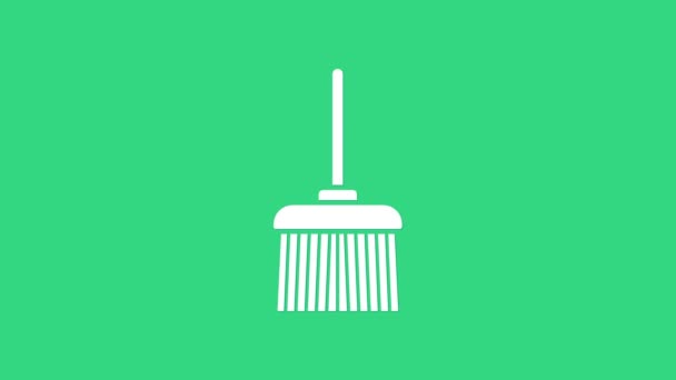White Handle broom icon isolated on green background. Cleaning service concept. 4K Video motion graphic animation — Stock Video