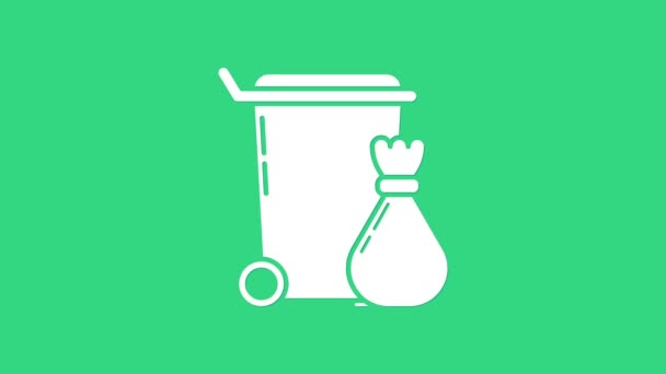 Papelera blanca puede icono aislado sobre fondo verde. Cartel de basura. Reciclar icono de cesta. Icono de basura de oficina. Animación gráfica de vídeo 4K — Vídeo de stock