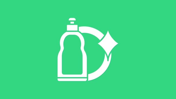 液体洗濯洗剤、漂白剤、食器洗浄液または緑の背景に隔離された別の洗浄剤アイコンのための白いプラスチックボトル。4Kビデオモーショングラフィックアニメーション — ストック動画