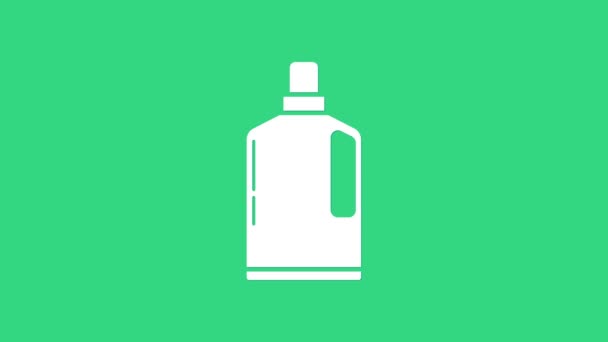 Biała plastikowa butelka do płynnego detergentu do prania, wybielacza, płynu do zmywania naczyń lub innej ikony środka czyszczącego izolowanej na zielonym tle. 4K Animacja graficzna ruchu wideo — Wideo stockowe