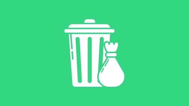 Bílá popelnice a ikona pytle na odpadky izolované na zeleném pozadí. Popelnice. Recyklovat ikonu koše. Ikona koše v kanceláři. Grafická animace pohybu videa 4K — Stock video