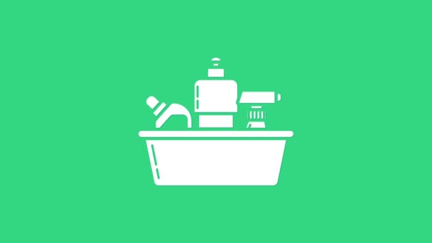 液体洗濯洗剤、漂白剤、食器洗浄液または緑の背景に隔離された別の洗浄剤アイコンのための白いプラスチックボトル。4Kビデオモーショングラフィックアニメーション — ストック動画