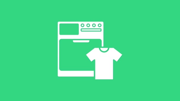 Icône laveuse blanche et t-shirt isolée sur fond vert. Icône machine à laver. Laveuse de vêtements - machine à laver. Symbole d'appareil électroménager. Animation graphique de mouvement vidéo 4K — Video