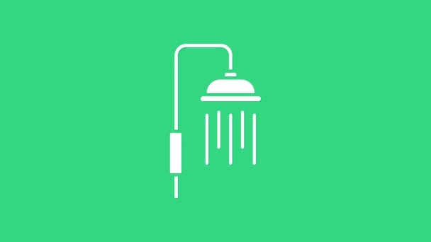 Bílá sprchová hlava s kapkami vody tekoucí ikona izolované na zeleném pozadí. Grafická animace pohybu videa 4K — Stock video