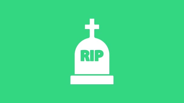 Tombstone branco com RIP escrito nele ícone isolado no fundo verde. Ícone de túmulo. Animação gráfica em movimento de vídeo 4K — Vídeo de Stock