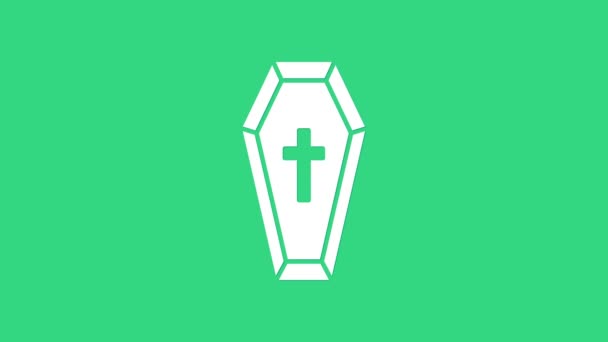 White Coffin with christian cross icon isolated on green background. Happy Halloween party. 4K Video motion graphic animation — Stock Video