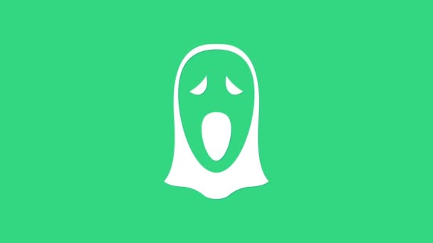 Alb Amuzant și înfricoșător fantomă mască pentru pictograma de Halloween izolat pe fundal verde. La mulţi ani de Halloween. 4K Animație grafică în mișcare video — Videoclip de stoc
