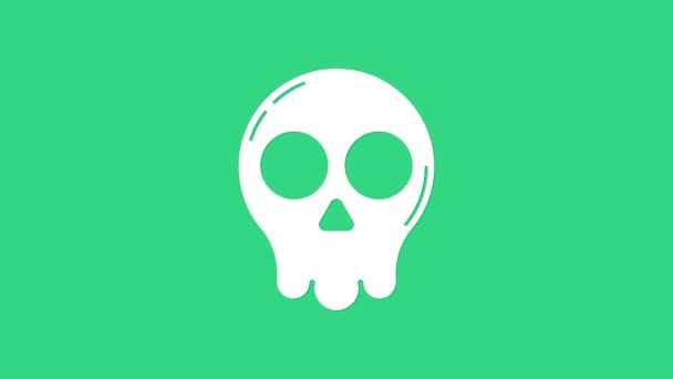 Beyaz Kafatası simgesi yeşil arkaplanda izole edildi. Mutlu Cadılar Bayramı Partisi. 4K Video hareketli grafik canlandırması — Stok video