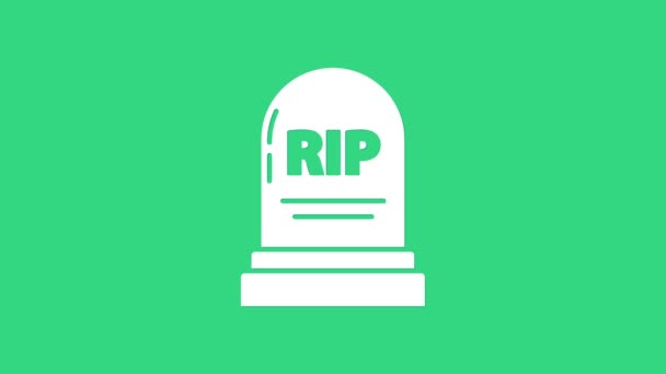 Белый томик с написанным на нем значком RIP на зеленом фоне. Значок могилы. Видеографическая анимация 4K — стоковое видео