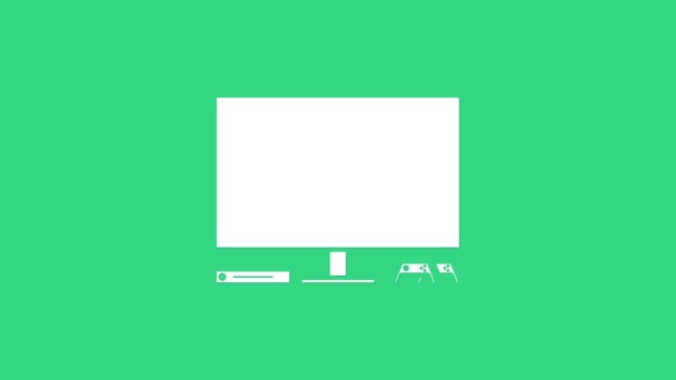 緑色の背景に隔離されたホワイトビデオゲームコンソールアイコン。ジョイスティックと液晶テレビとゲーム機。4Kビデオモーショングラフィックアニメーション — ストック動画
