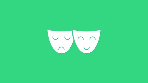 Vit komedi och tragedi teatermasker ikon isolerad på grön bakgrund. 4K Video motion grafisk animation — Stockvideo