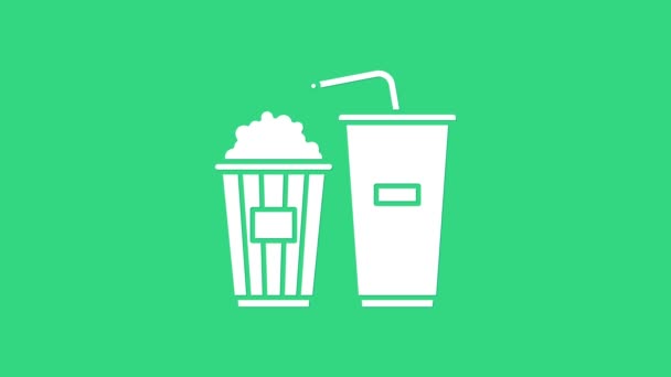 Pipoca branca em caixa de papelão e vidro de papel com palha de bebida e ícone de água isolado no fundo verde. Copo de refrigerante. Animação gráfica em movimento de vídeo 4K — Vídeo de Stock