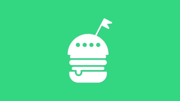 Beyaz Burger simgesi yeşil arkaplanda izole edildi. Hamburger ikonu. Çizburger sandviç tabelası. Fast food menüsü. 4K Video hareketli grafik canlandırması — Stok video