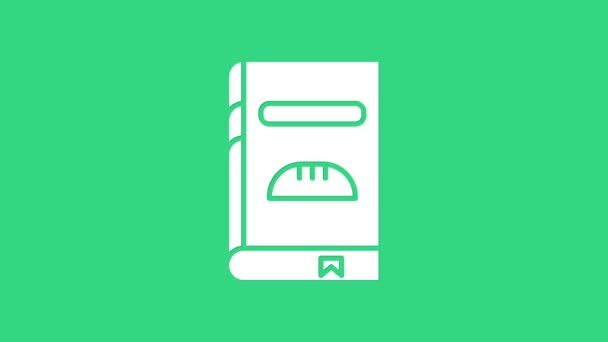 Fehér szakácskönyv ikon elszigetelt zöld alapon. Főzős könyv ikon. Recept könyv. Villa- és késikonok. Evőeszköz szimbólum. 4K Videó mozgás grafikus animáció — Stock videók