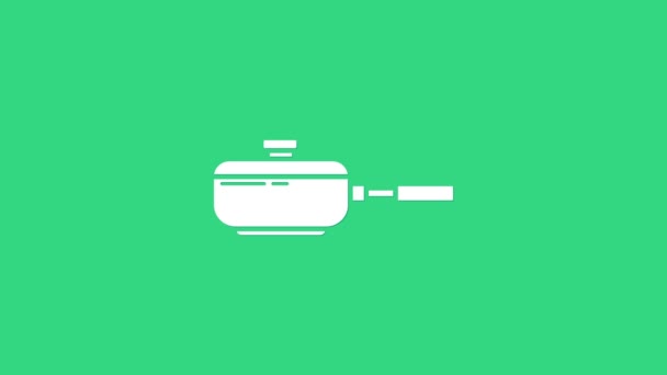 Ikona bílé pánve izolovaná na zeleném pozadí. Smažené nebo pečené jídlo symbol. Grafická animace pohybu videa 4K — Stock video