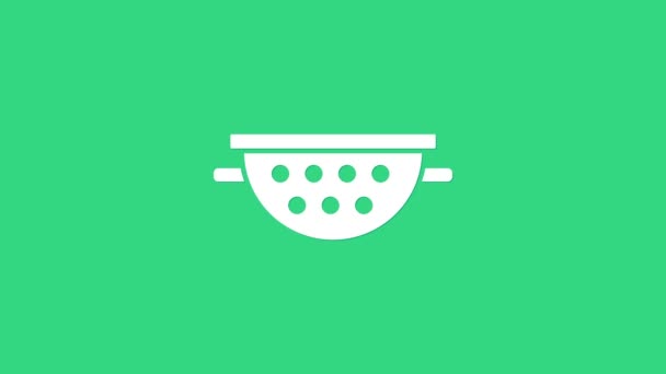 Bílá kuchyně colander ikona izolované na zeleném pozadí. Nádobí na vaření. Znamení příboru. Grafická animace pohybu videa 4K — Stock video