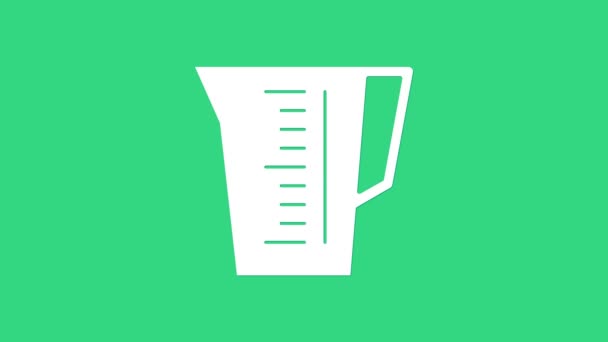 Blanco Taza de medición para medir el icono de alimentos secos y líquidos aislados sobre fondo verde. vaso de precipitados de plástico con mango. Animación gráfica de vídeo 4K — Vídeo de stock