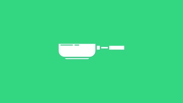 白色煎锅图标隔离在绿色背景。油炸或烘烤食品的象征.4K视频运动图形动画 — 图库视频影像