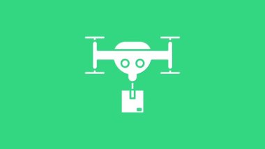 Yeşil zemin üzerinde paket simgesi olan beyaz dağıtım dronu. Drone karton kutu teslim ediyor. 4K Video hareketli grafik canlandırması