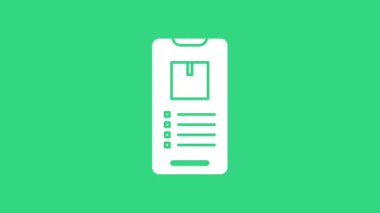 Uygulama dağıtım ikonuna sahip beyaz mobil akıllı telefon yeşil arkaplanda izole edildi. Paket takibi. 4K Video hareketli grafik canlandırması