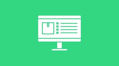 Uygulama iletim simgesine sahip beyaz bilgisayar monitörü yeşil arkaplanda izole edildi. Paket takibi. 4K Video hareketli grafik canlandırması