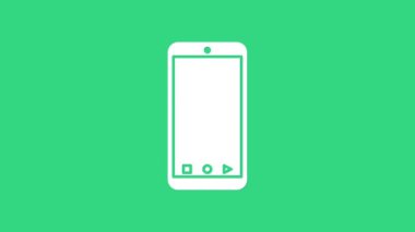 Uygulama dağıtım ikonuna sahip beyaz mobil akıllı telefon yeşil arkaplanda izole edildi. Paket takibi. 4K Video hareketli grafik canlandırması