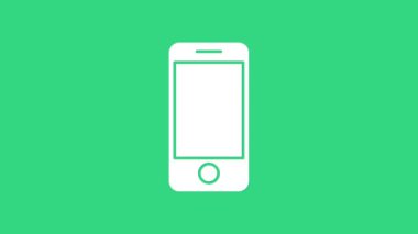 Uygulama dağıtım ikonuna sahip beyaz mobil akıllı telefon yeşil arkaplanda izole edildi. Paket takibi. 4K Video hareketli grafik canlandırması