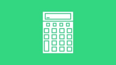 Yeşil arkaplanda beyaz hesap makinesi simgesi izole edildi. Muhasebe sembolü. İş hesaplamaları matematik eğitimi ve finans. 4K Video hareketli grafik canlandırması