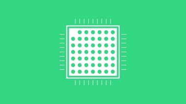 Beyaz İşlemci simgesi yeşil arkaplanda izole edildi. İşlemci, merkezi işlem birimi, mikroçip, mikro devre, bilgisayar işlemcisi, çip. 4K Video hareketli grafik canlandırması