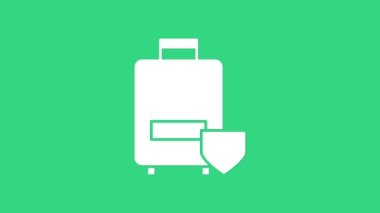 Beyaz Seyahat çanta simgesi yeşil arkaplanda izole edildi. Seyahat bagaj sigortası. Güvenlik, güvenlik, koruma, konsept koruma. 4K Video hareketli grafik canlandırması