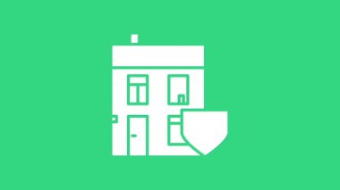 Yeşil arka planda kalkan simgesi olan Beyaz Saray. Sigorta konsepti. Güvenlik, güvenlik, koruma, konsept koruma. 4K Video hareketli grafik canlandırması