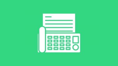 Yeşil arkaplanda beyaz faks makinesi simgesi izole edildi. Ofis telefonu. 4K Video hareketli grafik canlandırması