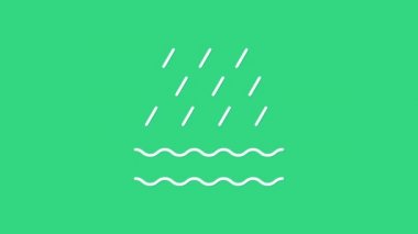 Beyaz Yağmur ve dalga simgesi yeşil arkaplanda izole edildi. Yağmur damlaları ile yağmur bulutu yağışı. 4K Video hareketli grafik canlandırması