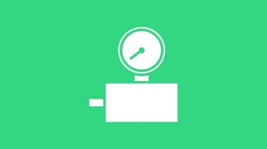 Beyaz Ölçek simgesi yeşil arkaplanda izole edildi. Memnuniyet, sıcaklık, manometre, risk, değerlendirme, performans, hız taktik ölçer. 4K Video hareketli grafik canlandırması