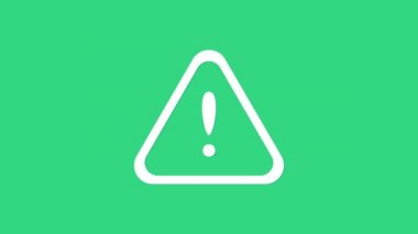 Yeşil arkaplanda beyaz ünlem işareti var. Tehlike uyarısı, dikkat, dikkat, tehlike uyarısı önemli bir işaret. 4K Video hareketli grafik canlandırması