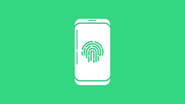 Smartphone putih dengan ikon scanner sidik jari diisolasi pada latar belakang hijau. Konsep keamanan, akses pribadi melalui jari pada ponsel. Animasi grafis gerak Video 4K — Stok Video