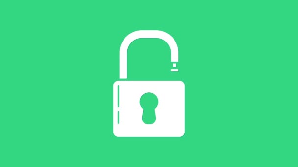 White Open hänglås ikon isolerad på grön bakgrund. Öppnad låsskylt. Cybersäkerhetskoncept. Digitalt dataskydd. Säkerhet. 4K Video motion grafisk animation — Stockvideo