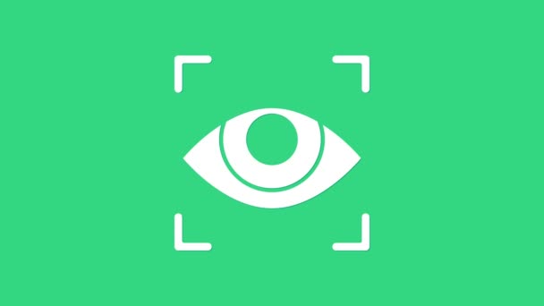 Icono de exploración White Eye aislado sobre fondo verde. Ojo escáner. Comprobación de seguridad. Signo cibernético. Animación gráfica de vídeo 4K — Vídeo de stock
