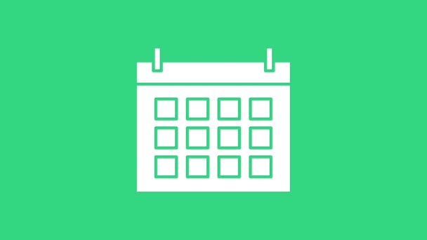 Ícone de calendário branco isolado no fundo verde. Símbolo de lembrete de evento. Animação gráfica em movimento de vídeo 4K — Vídeo de Stock