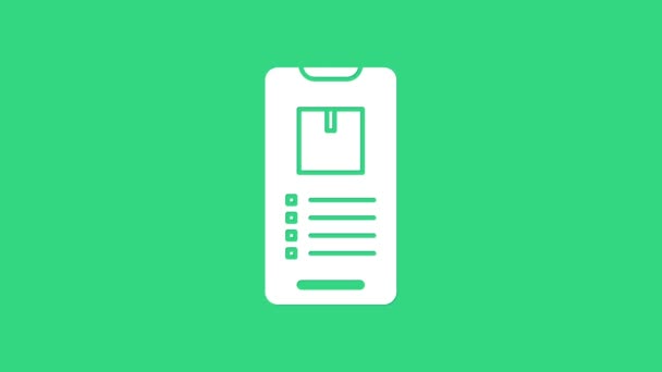 Teléfono inteligente móvil blanco con icono de seguimiento de entrega de aplicaciones aislado en fondo verde. Seguimiento de paquetes. Animación gráfica de vídeo 4K — Vídeo de stock