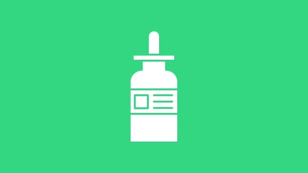 Botella de vidrio blanco con un icono de pipeta aislado sobre fondo verde. Contenedor para productos médicos y cosméticos. Animación gráfica de vídeo 4K — Vídeo de stock