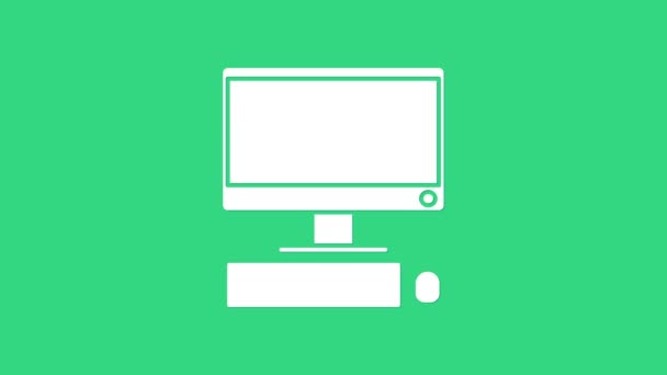 Monitor de ordenador blanco con teclado y ratón icono aislado sobre fondo verde. Signo de componente PC. Animación gráfica de vídeo 4K — Vídeo de stock