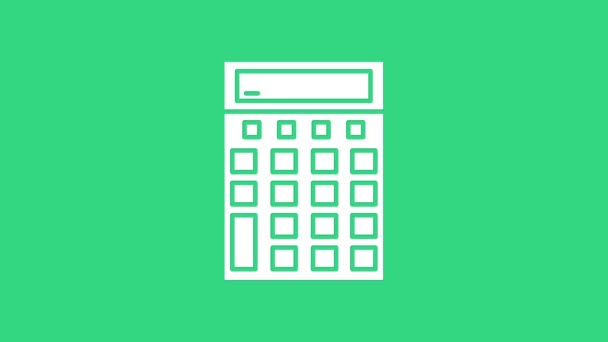 Icono de la calculadora blanca aislado sobre fondo verde. Símbolo contable. Cálculos de negocio matemáticas educación y finanzas. Animación gráfica de vídeo 4K — Vídeo de stock
