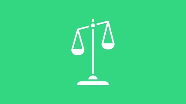 White Scales of justice icon isolated on green background. Court of law symbol. Balance scale sign. 4K Video motion graphic animation — Stock Video