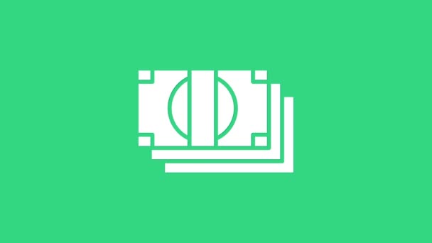緑の背景に隔離されたホワイトスタック紙幣の現金アイコン。紙幣が積み重なっている。紙幣だ。4Kビデオモーショングラフィックアニメーション — ストック動画