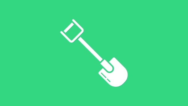 白色的Shovel图标孤立在绿色背景上。园艺工具。园艺、农业、耕作的工具。4K视频运动图形动画 — 图库视频影像
