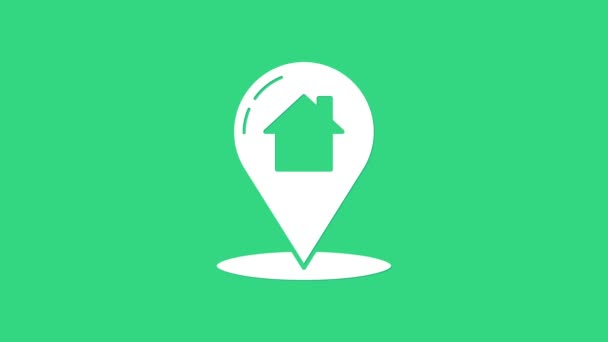 Белый указатель на карте с значком дома, выделенным на зеленом фоне. Символ метки местоположения. Видеографическая анимация 4K — стоковое видео